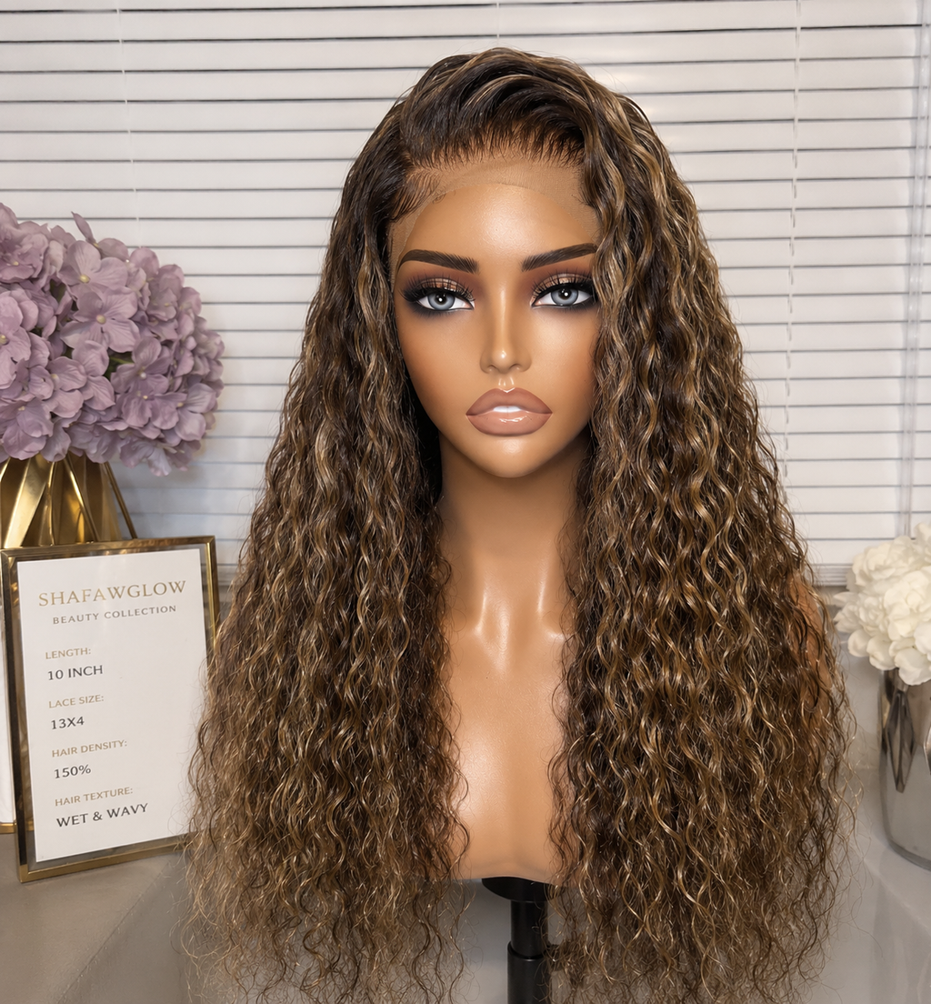 13x4 150% 24 Inch Caramel Brown with Honey Blonde Highlights Wig No Slip Water Wave Put on and Go Lace Frontal Wig