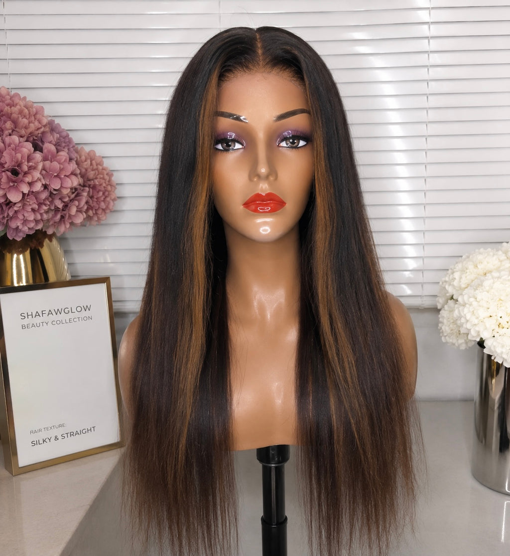 22 Inch Yaki Straight Chestnut Brown Wig Byebye Knots With Drawstring