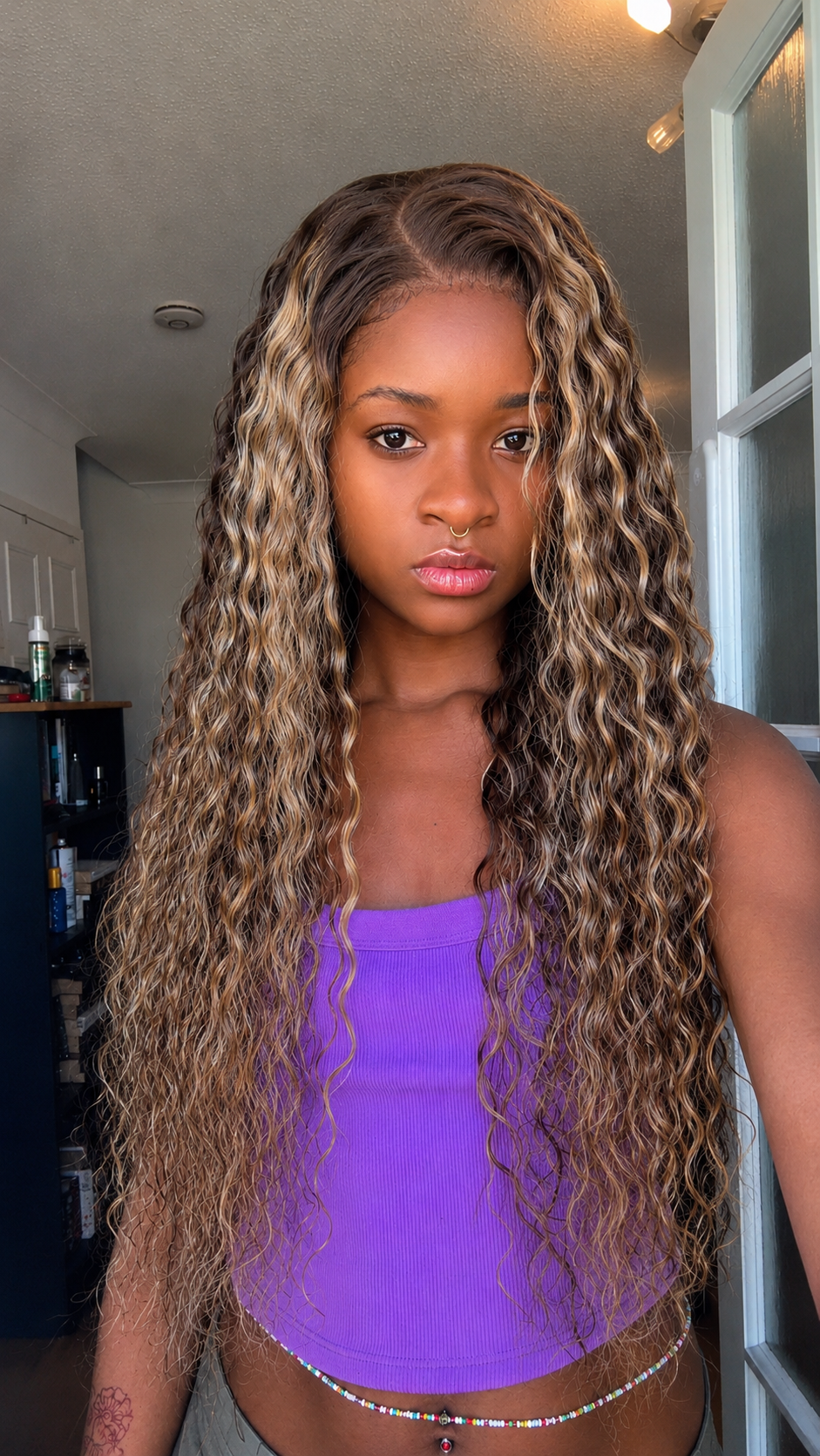 13x4 150% 24 Inch Caramel Brown with Honey Blonde Highlights Wig No Slip Water Wave Put on and Go Lace Frontal Wig