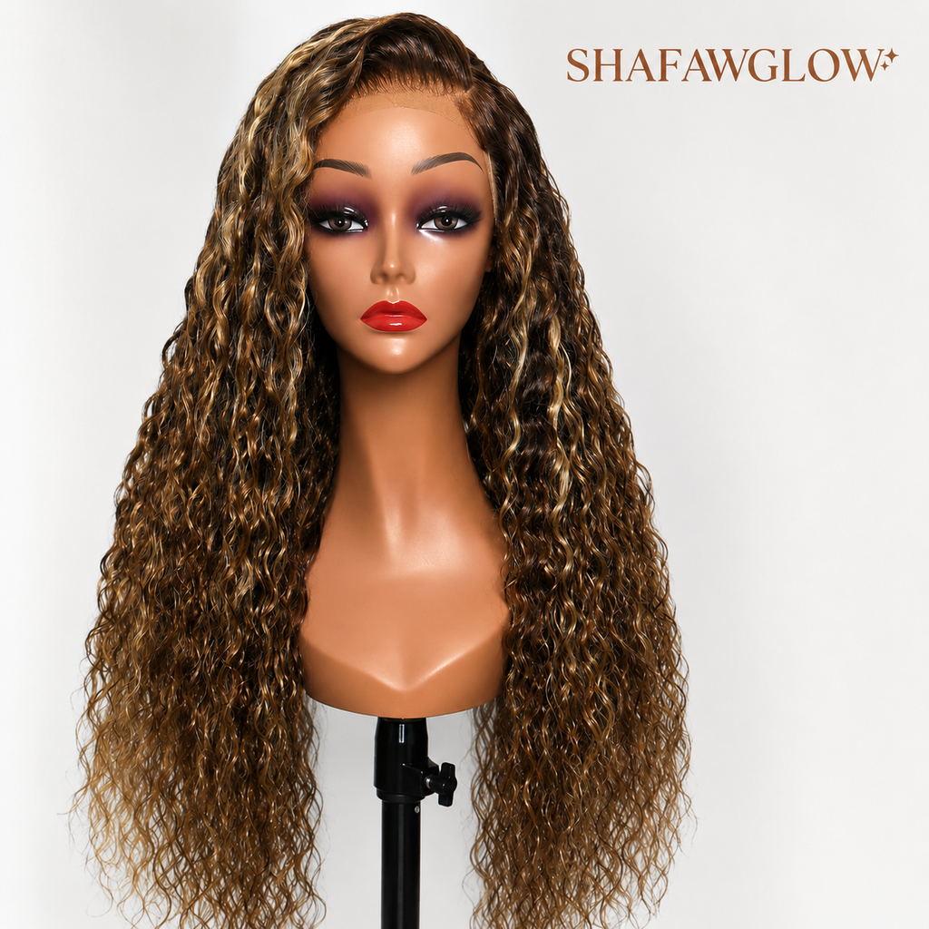 13x4 150% 24 Inch Caramel Brown with Honey Blonde Highlights Wig No Slip Water Wave Put on and Go Lace Frontal Wig