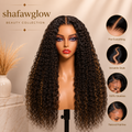 13x4 150% 22 Inch Long Curly Lace Front Wig Dark Brown with Sun-Kissed Caramel Highlights Voluminous Human Hair Wig