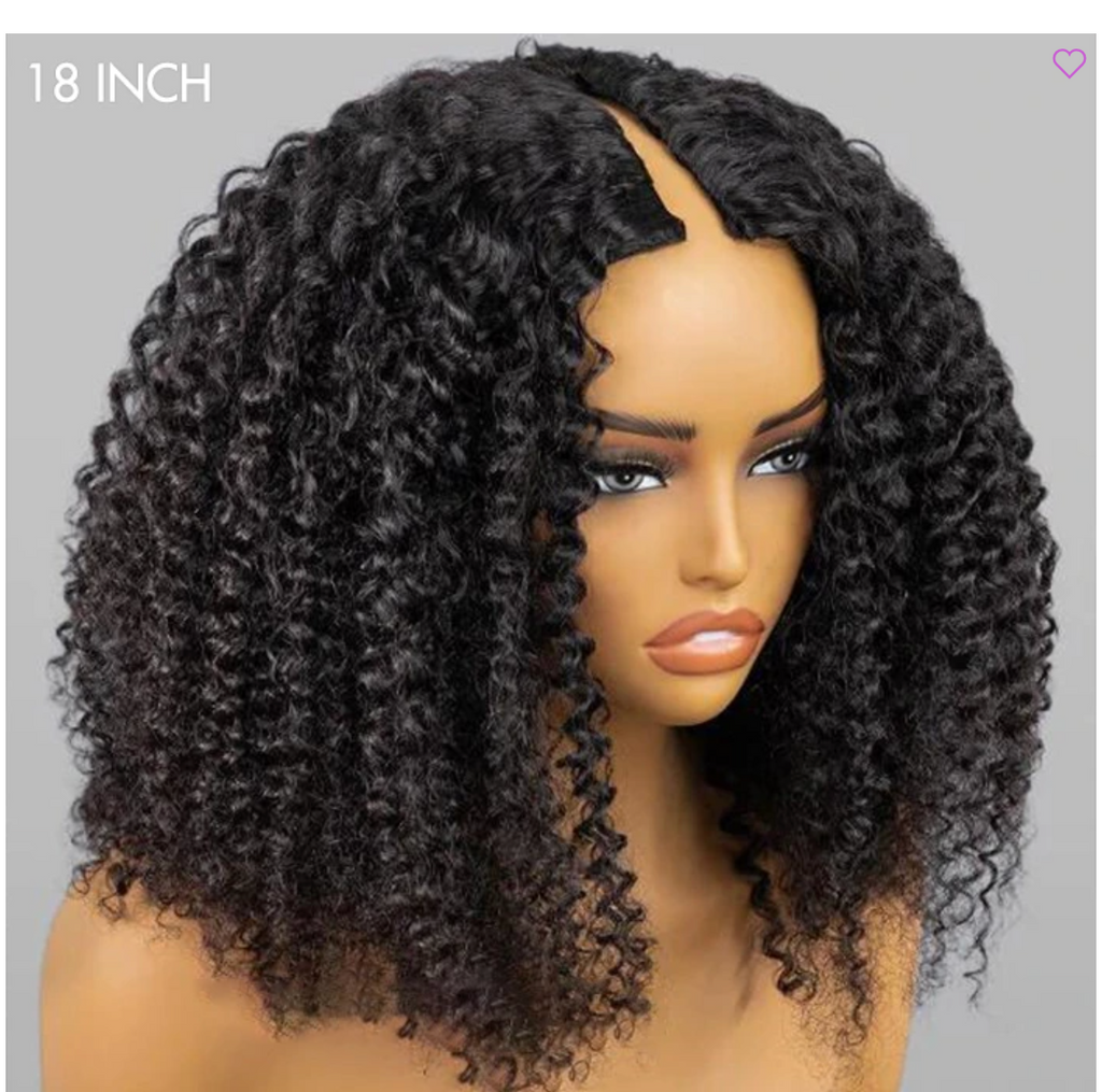 20 Inch Beginner Friendly V Part Kinky Curly Wig Bomb Look Glueless Human Hair Wigs Natural Scalp