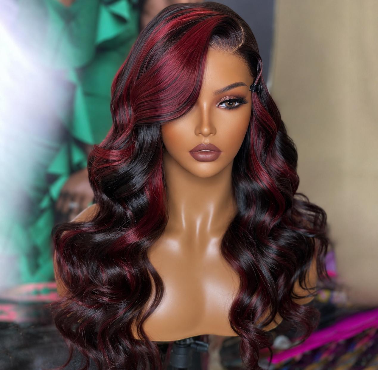 24 Inch 1B/Burgundy Highlight Body Wave Wig 6x5 13x4 HD Lace Frontal Wig 180% Density
